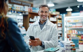 Smiling pharmacist with smartphone assisting customer at pharmacy.