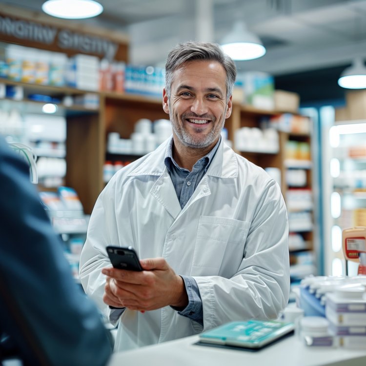 Smiling pharmacist with smartphone assisting customer at pharmacy.